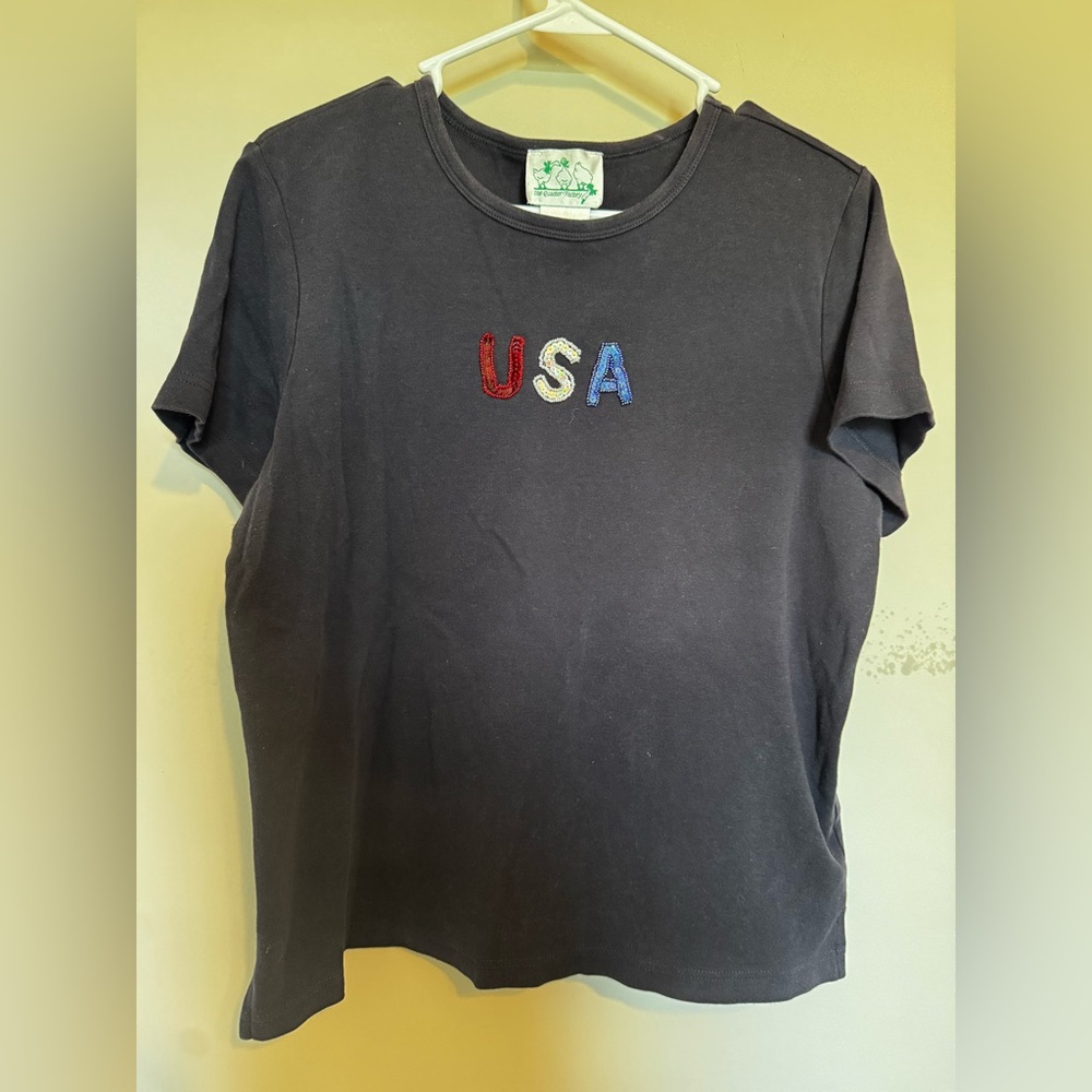 VTG Quacker‎ Factory Beaded Sequin USA Short Sleeve Black Tshirt Red White Blue